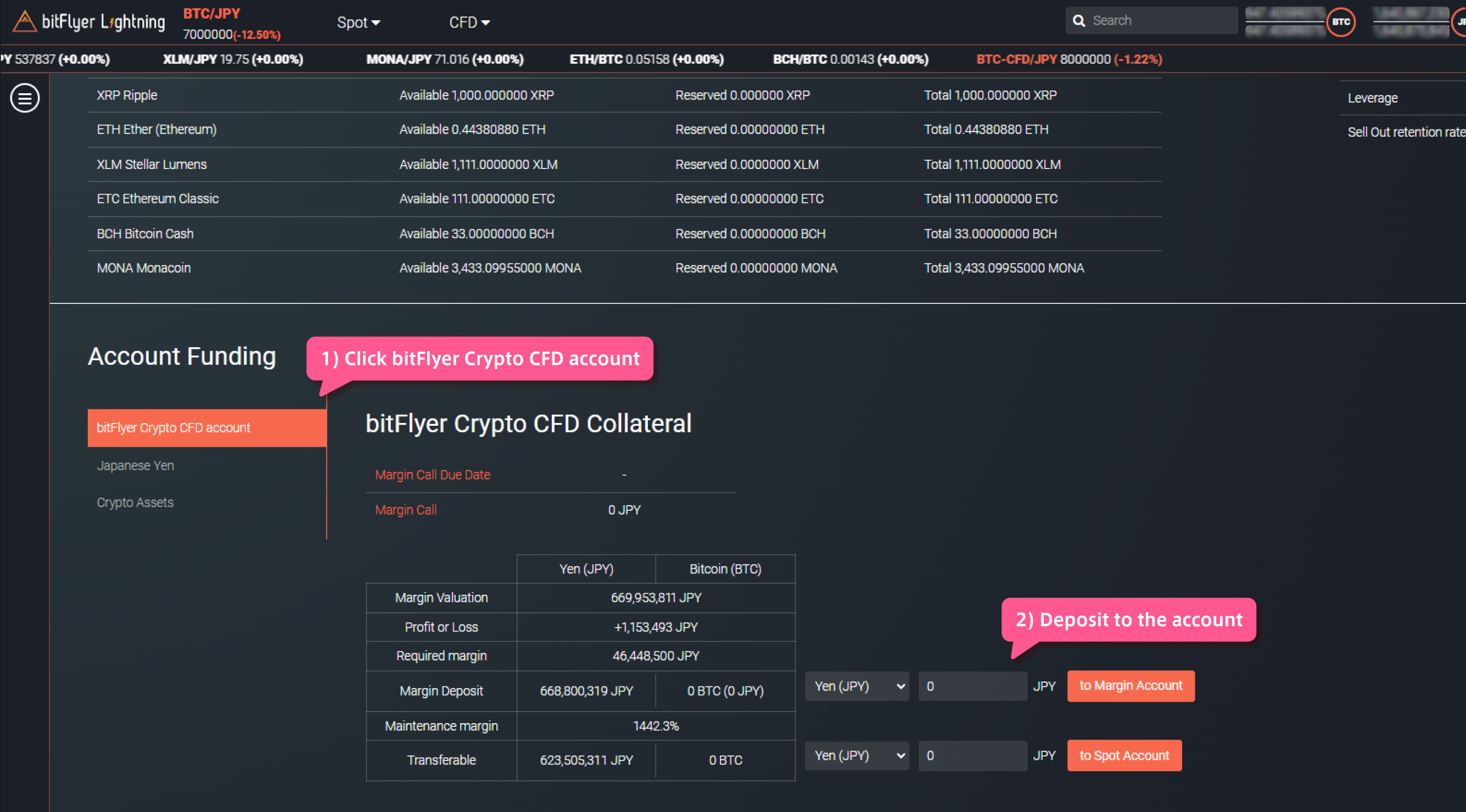 Click bitFlyer Crypto CFD account to make deposits.