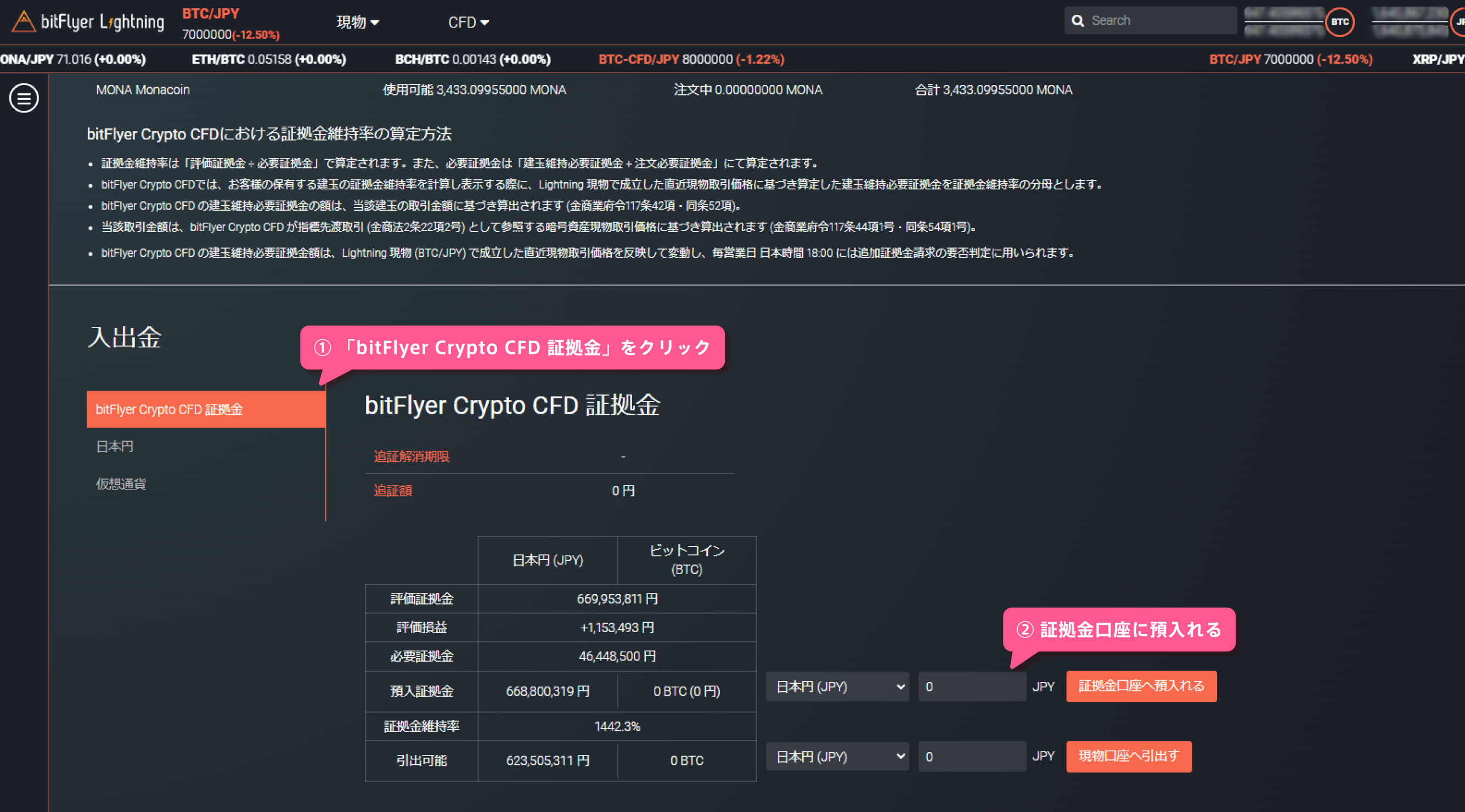 BTC-CFD口座に預入れする。